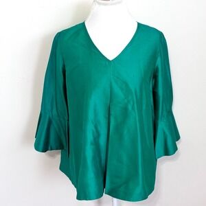 Vintage Sara Campbell Womens Silk Shirt Size M Kelly Green Bell‎ Sleeve Button